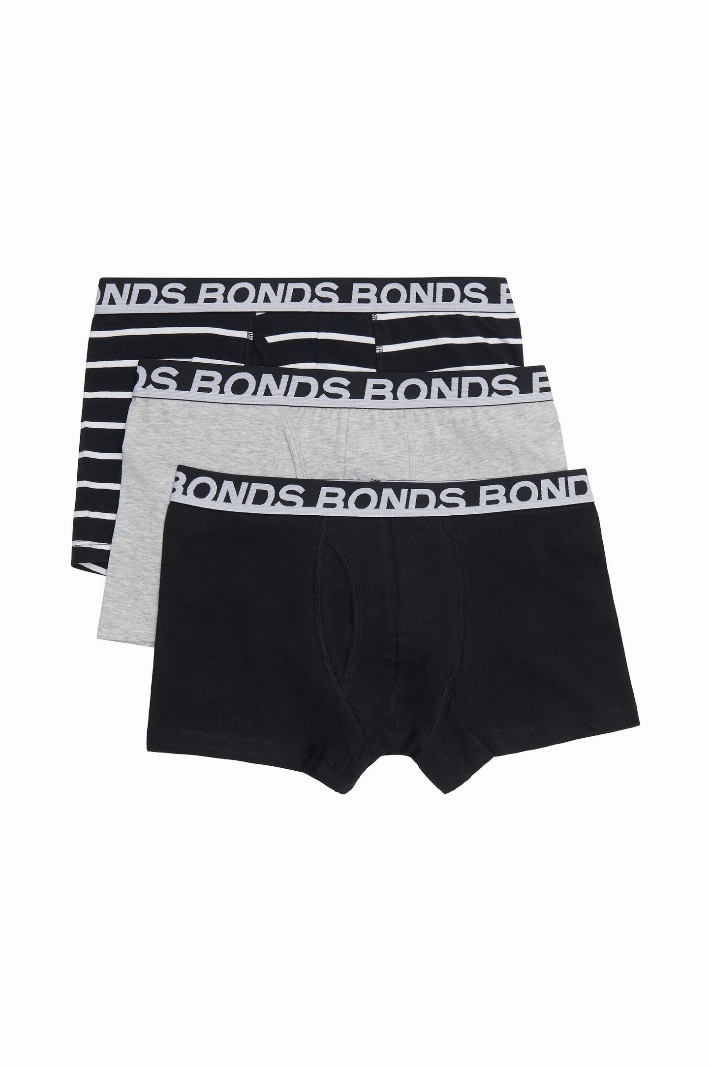 3 x Bonds Mens Everyday Trunks Underwear Black Stripe/Grey/Black