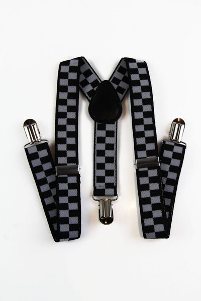 Boys Adjustable White & Black Checkered Patterned Suspenders