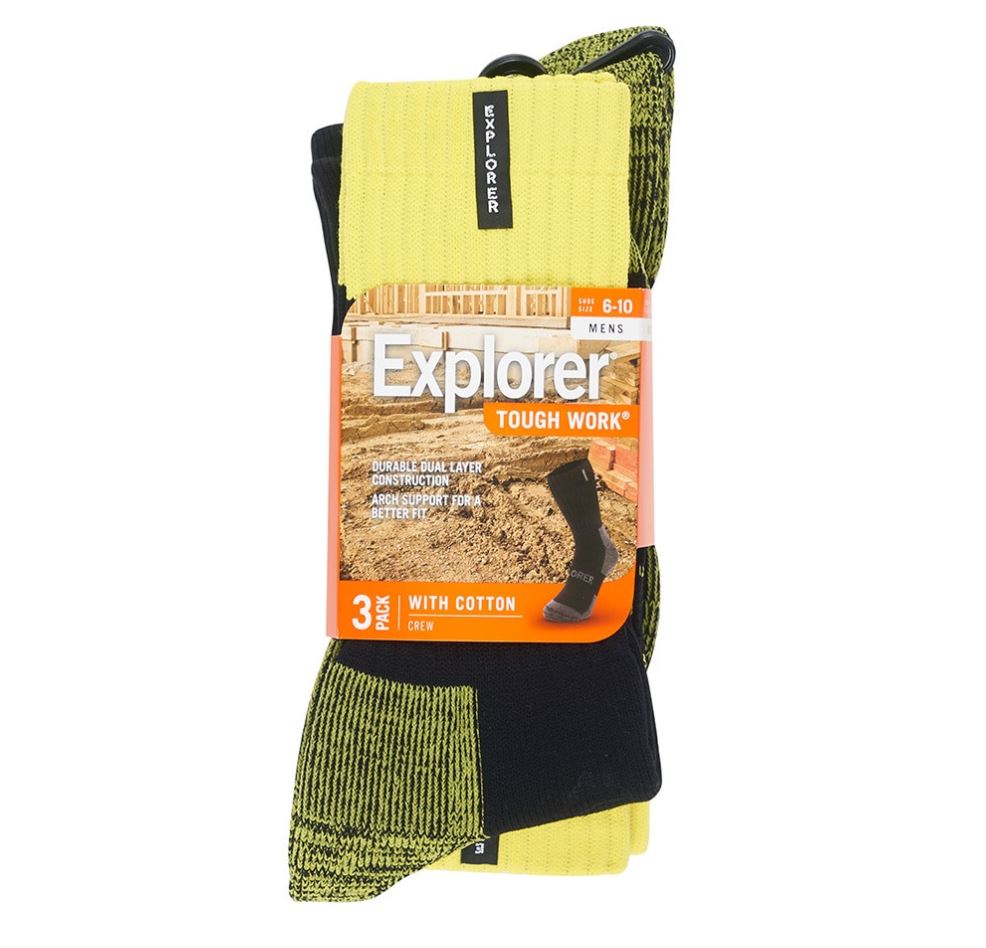 3 x Mens Bonds Explorer Tough Work Crew Cotton Socks - Black/Yellow