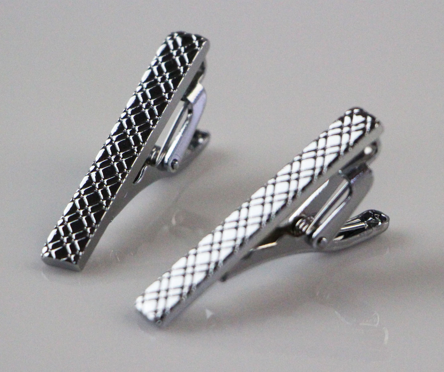 Mens Silver Diagonal Check Tie Clip Clasp