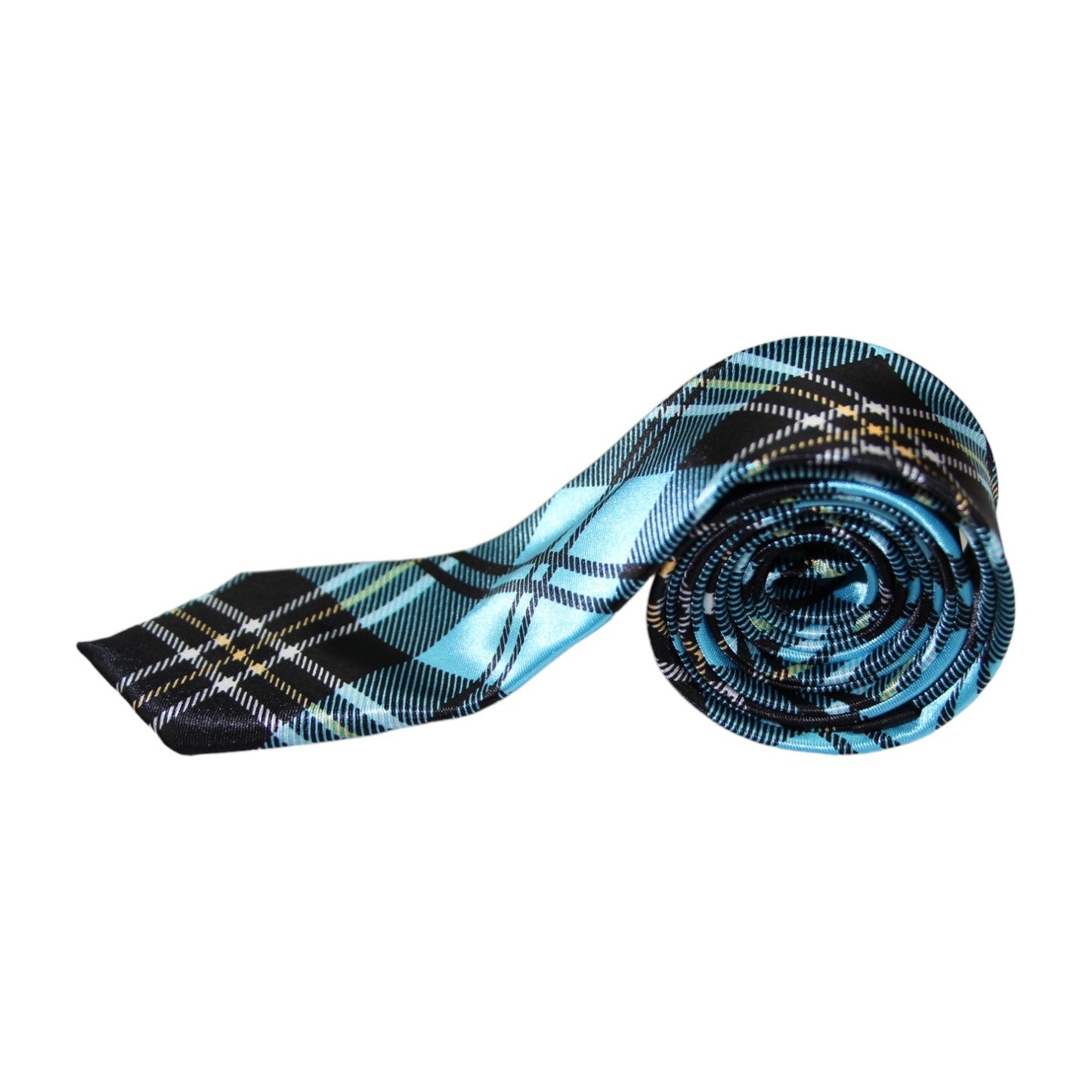 Mens Turquoise & Black Plaid Striped 5cm Skinny Neck Tie