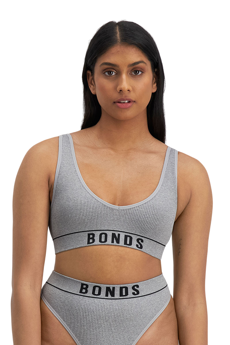 Bonds Originals Retro Rib Deep V Crop Bra Heritage Grey Marle