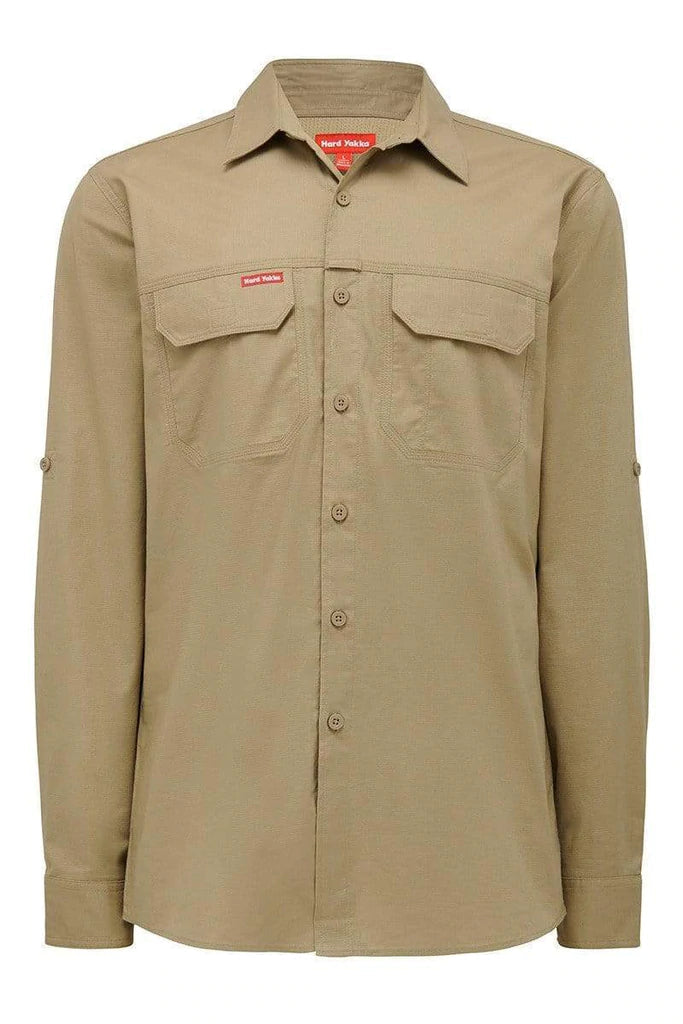 Mens Hard Yakka Flex Ripstop Long Sleeve Shirt Work Wear Khaki Y04305