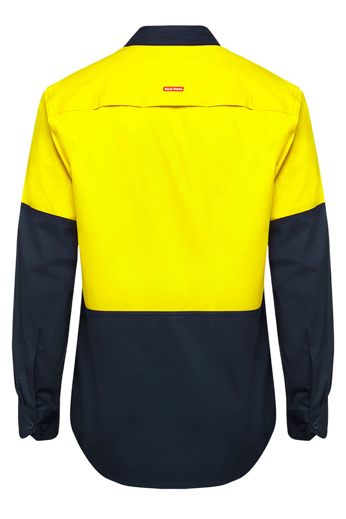 Hard Yakka Basic 2 Tone Long Sleeve Vented Drill Shirt Yellow Navy