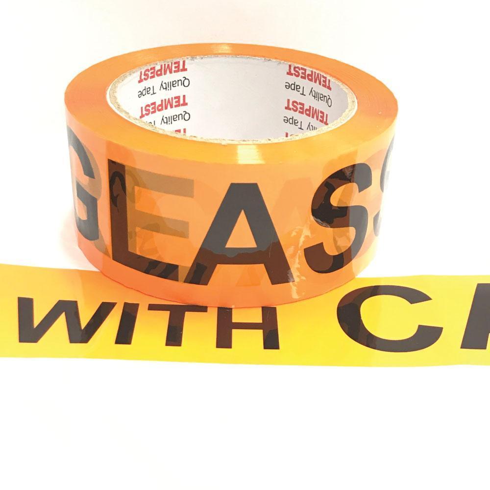6x Glass Dispatch Tape Orange Black 48mm x 75mm Roll With Care Packing Label